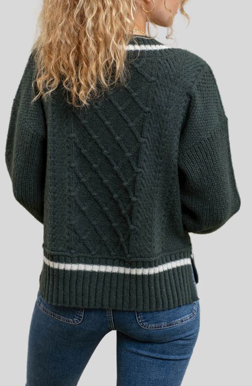 Blu Pepper Stripe V-neck Cable Knit Sweater In Hunter Green