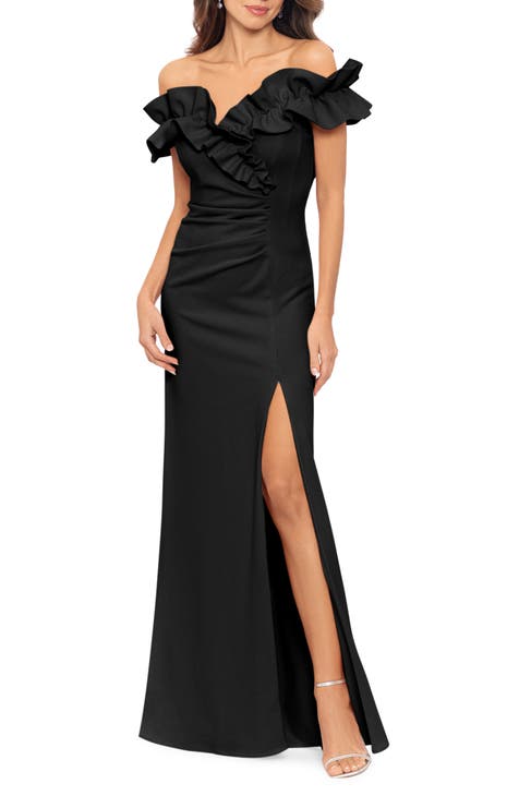 Ruffle Off the Shoulder Ruched Gown