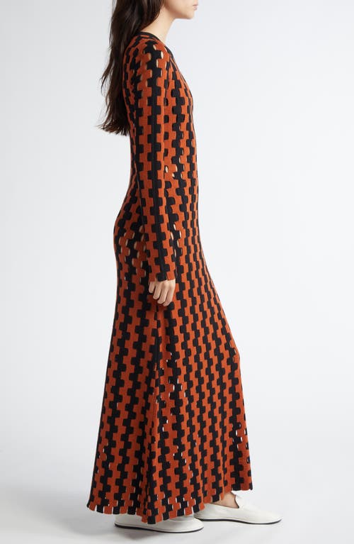 Shop Zankov Natalie Open Work Long Sleeve Wool Maxi Sweater Dress In Tobacco/black