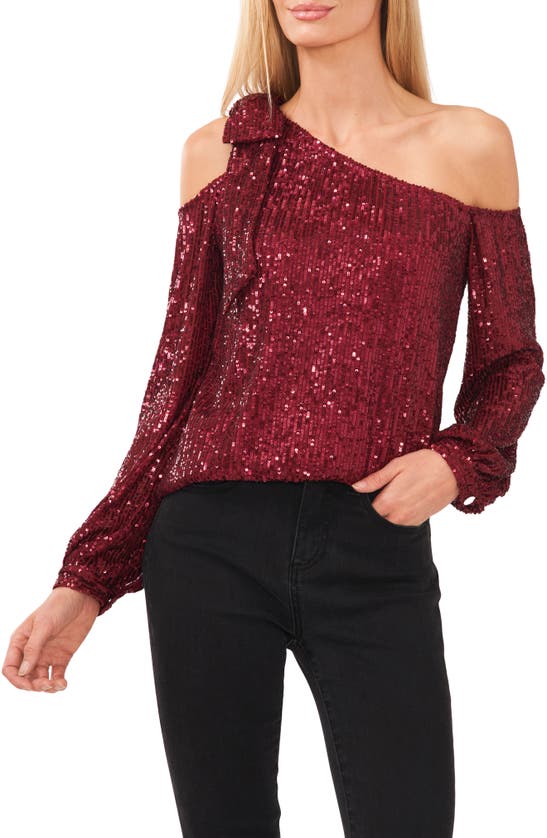 Cece One-shoulder Sequin Top In Dark Wine