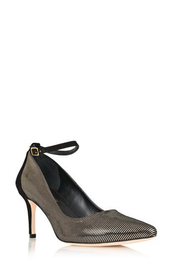 Joan Oloff Destiny Ankle Strap Pump In Striped Gold/black Suede