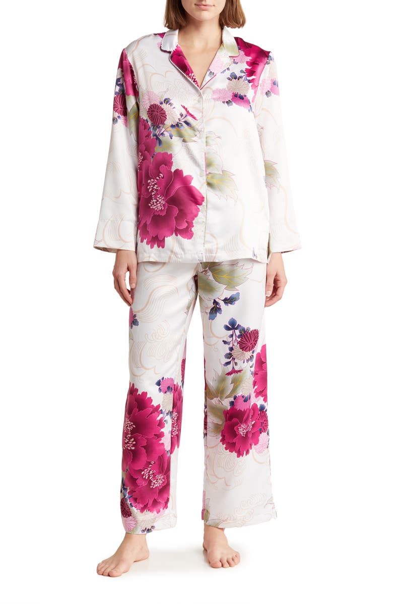 Natori Floral Satin Long Sleeve Button-Up Top & Crop Pants Pajamas