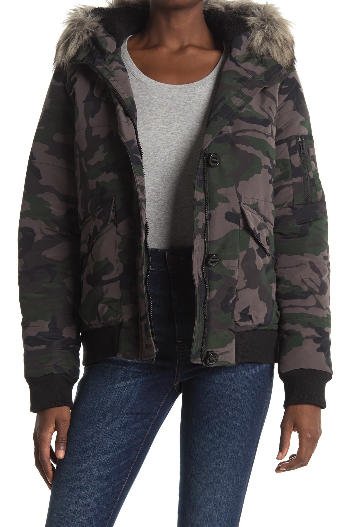 camo bomber jacket with fur hood