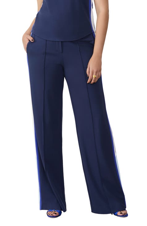 Wide-leg Jersey Pants - Navy blue/pinstriped - Ladies