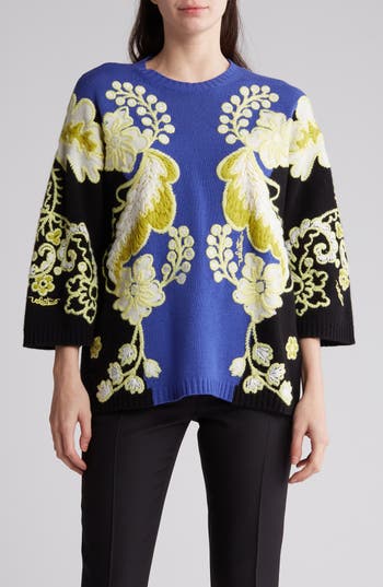 Valentino Colorblock Embroidered Wool & Cashmere Sweater In Blue
