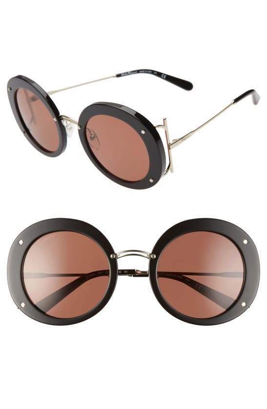 Ferragamo Salvatore  52mm Gancio Round Sunglasses In Black