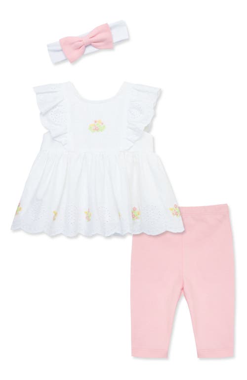 Little Me Pretty Eyelet Embroidered Top, Leggings & Headband Set Pink at Nordstrom,