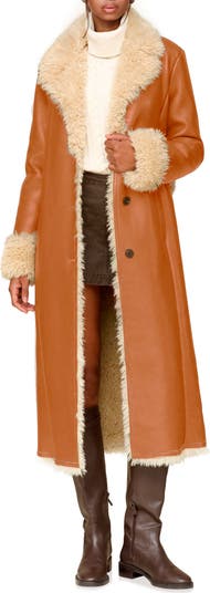 Faux Leather Faux Shearling Belted Long Coat