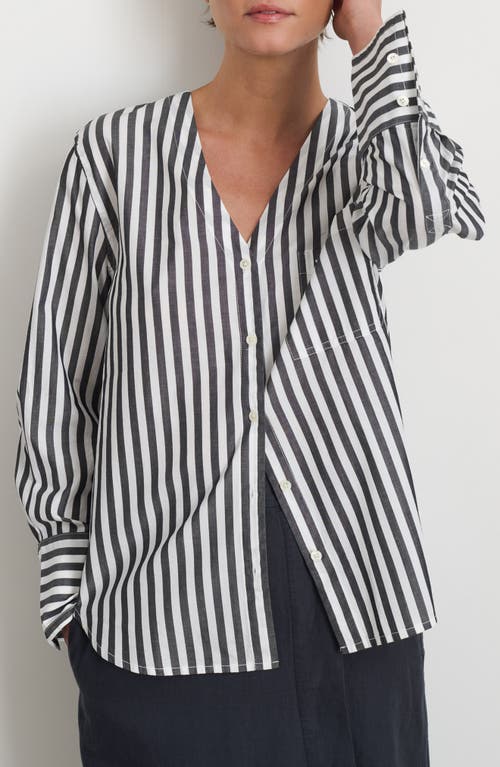Crosby Stripe V-Neck Button-Up Shirt in Charcoal/White