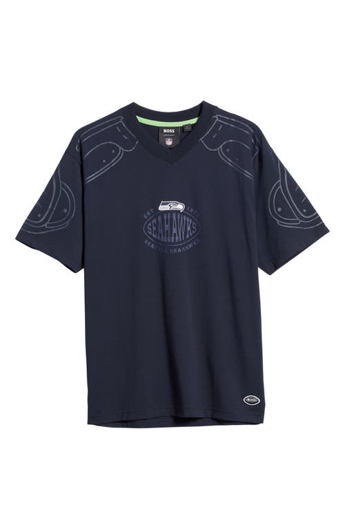 Shop Hugo Boss Boss X Nfl Tackle Graphic T-shirt In Seattle Seahawks Dark Blue