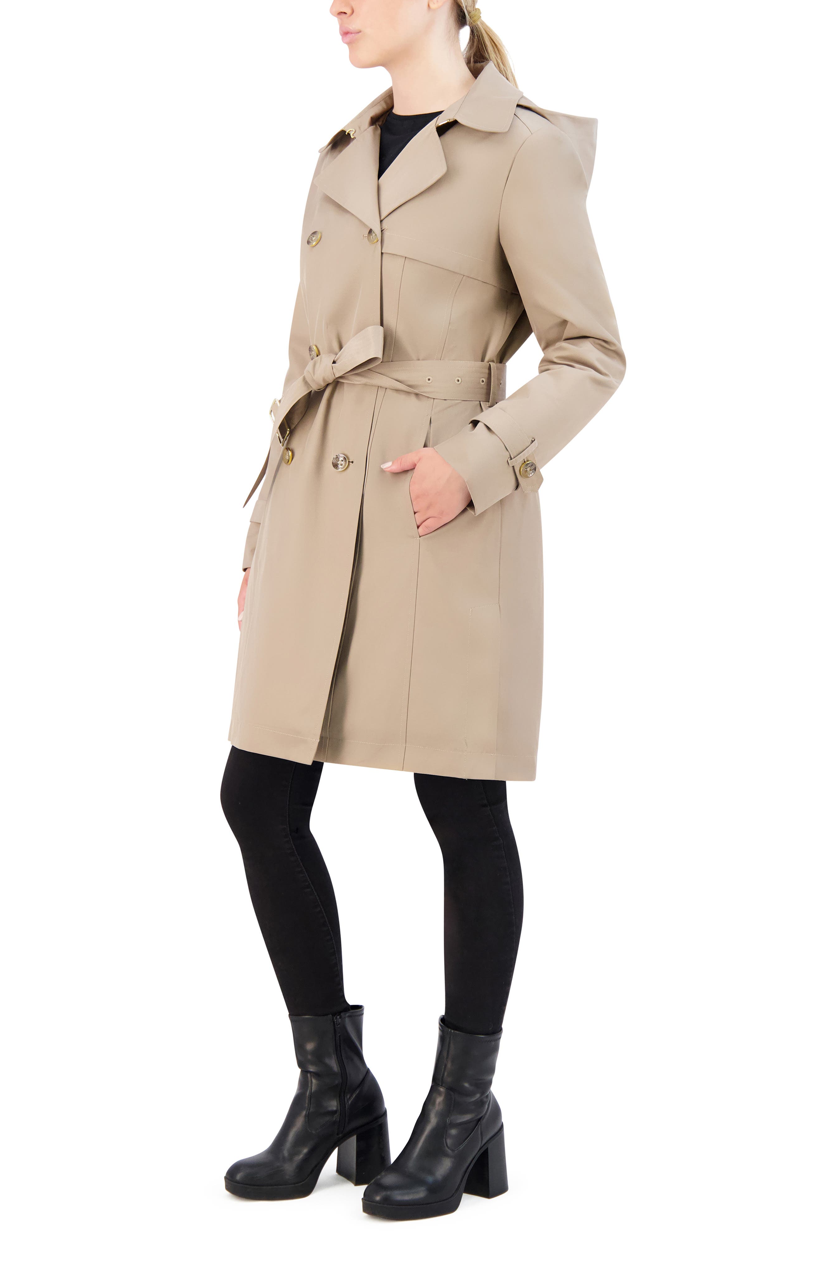 Cole Haan Signature Insulated Double Breasted Hooded Trench Coat