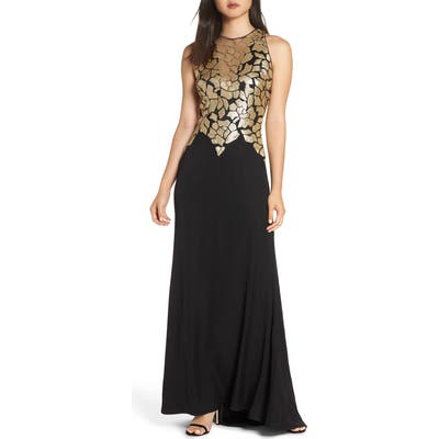 Tadashi Shoji Sleeveless Sequin & Crepe Gown, Black