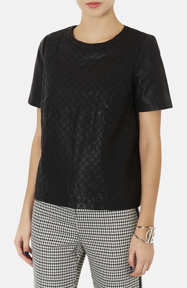 TOPSHOP Quilted Faux Leather Tee, Main, color, Black