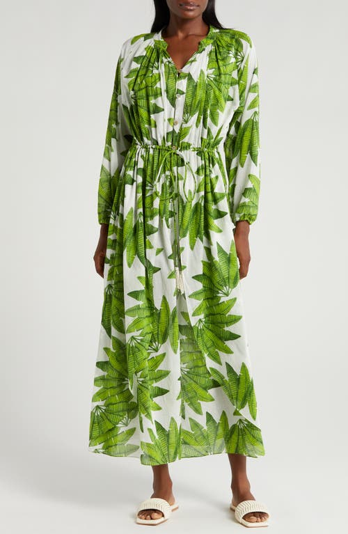 Farm Rio Palm Fan Long Sleeve Cotton Cover-up Maxi Dress In Palm Fan Off-white