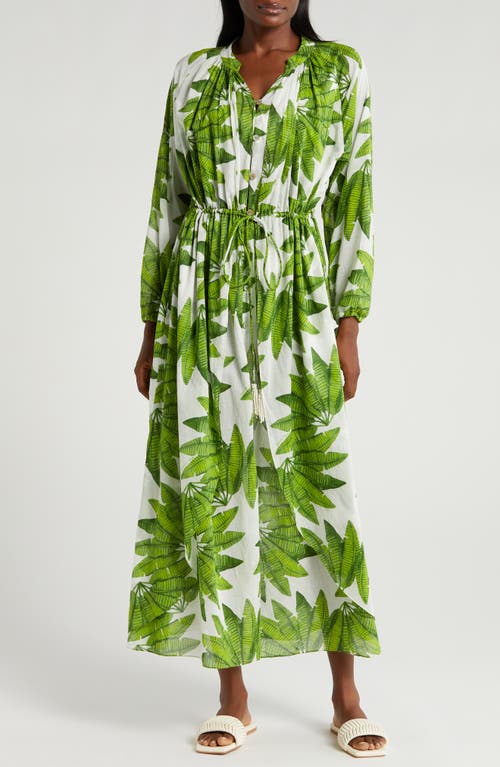 Shop Farm Rio Palm Fan Long Sleeve Cotton Cover-up Maxi Dress In Palm Fan Off-white