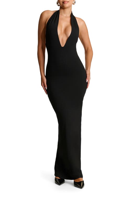 Naked Wardrobe Butter Plunge Halter Maxi Dress in Black 