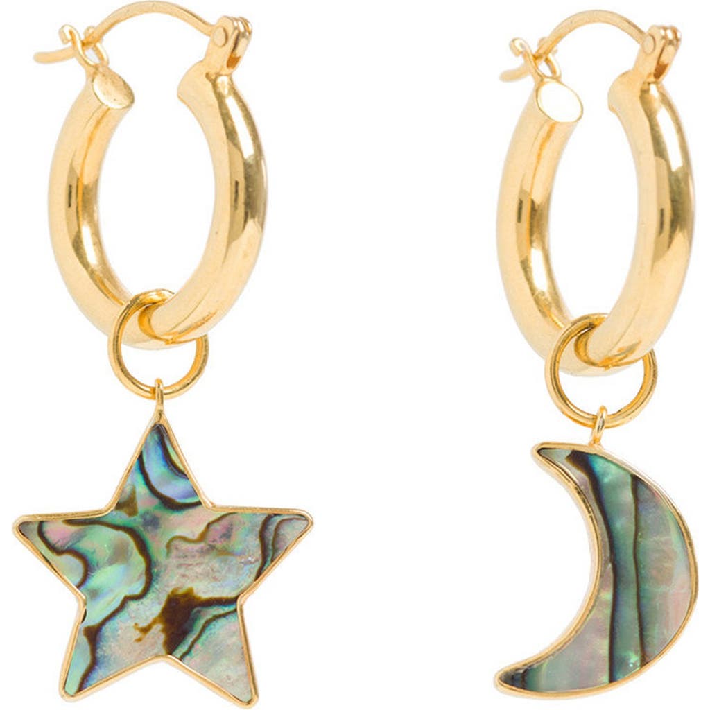 Freya Rose Mini Hoops With Paua Star And Moon In Gold