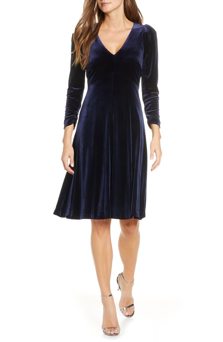 Eliza J Long Sleeve V-Neck A-Line Velvet Dress | Nordstrom