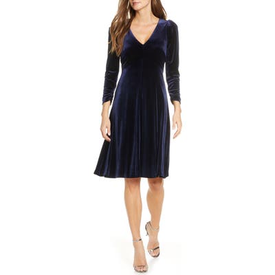 Eliza J Long Sleeve V-Neck A-Line Velvet Dress, Blue