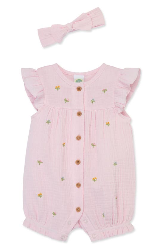 Little Me Babies' Floral Embroidered Cotton Gauze Romper & Headband Set In Pink