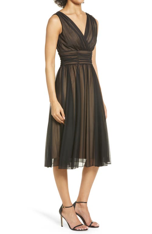 Connected Apparel Chiffon Overlay Fit & Flare Dress In Black/gold