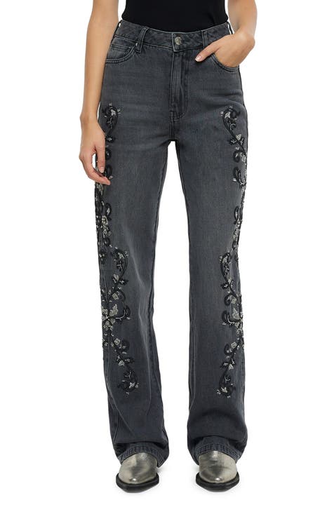 Straight Leg Jeans with Decorative Bow for Girls - stone
