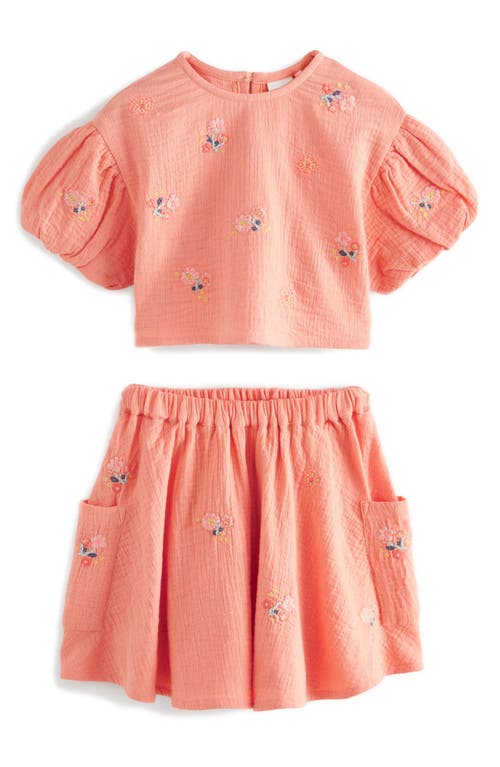 NEXT Kids' Embroidered Cotton Double Cloth Top & Skirt Set Coral at Nordstrom,