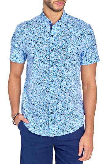 Construct Slim Fit Floral Four-way Stretch Short Sleeve Button-down Shirt In Blue
