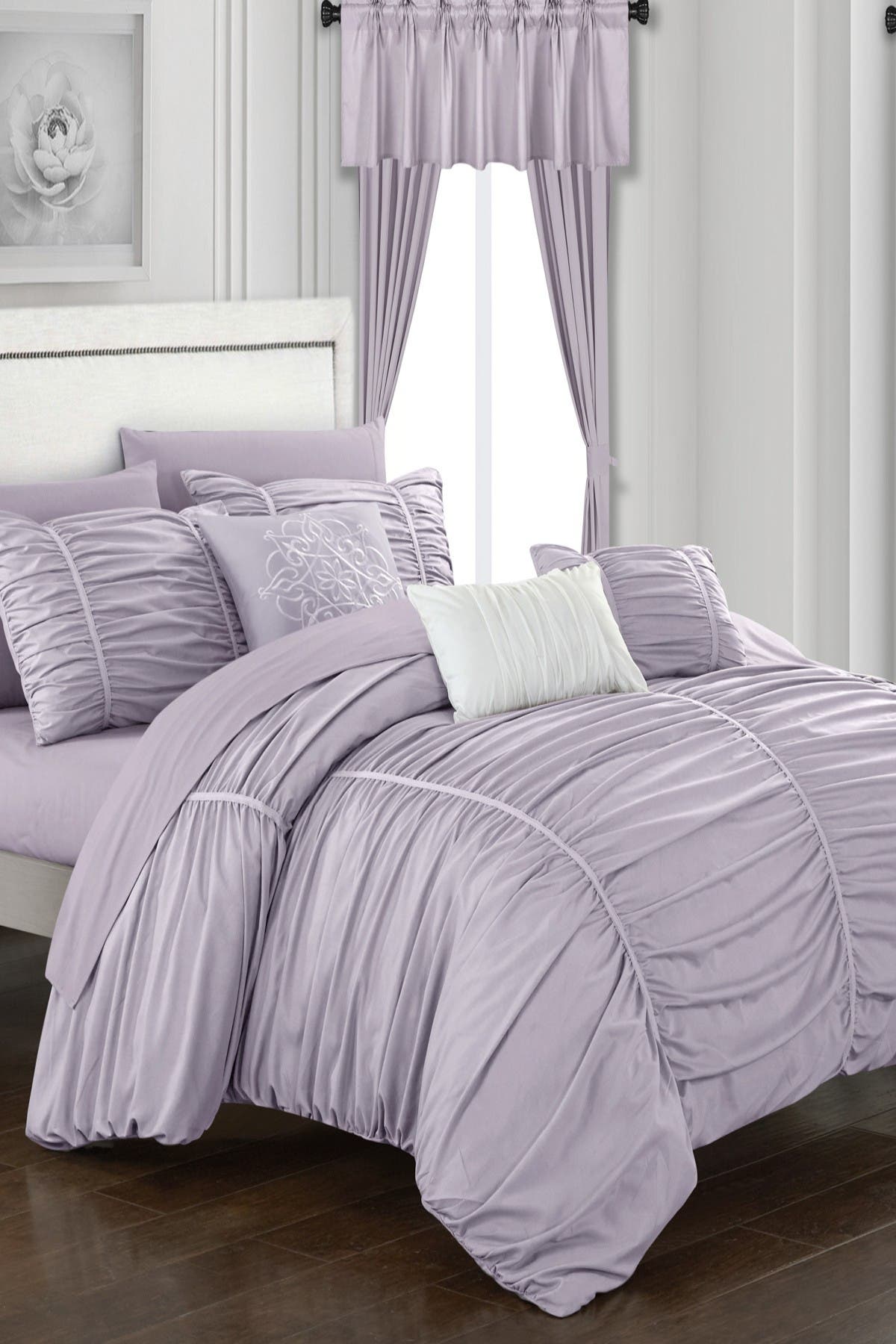 Chic Home Bedding Lilac Gruyeres Ruffled Ruched Queen Bed In a Bag