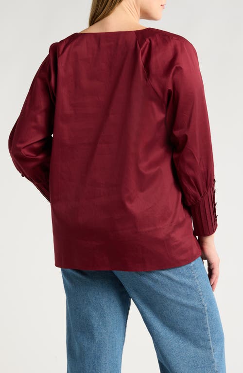 Shop Harshman Cerys Split Neck Pleated Cuff Cotton Top In Burgundy