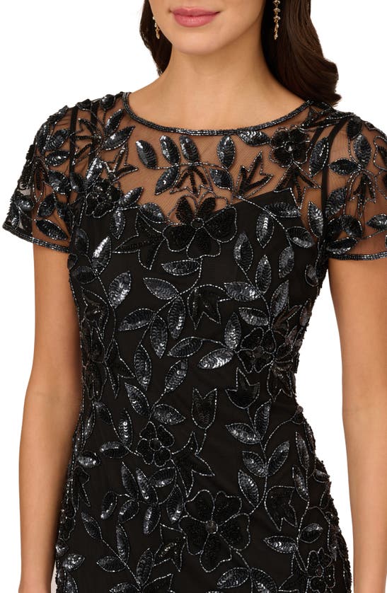 Shop Adrianna Papell Floral Embroidered Beaded Trumpet Gown In Black/ Gunmetal