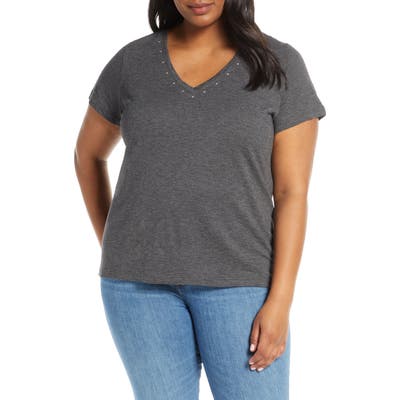 Plus Size Vince Camuto Studded V-Neck Tee, Grey