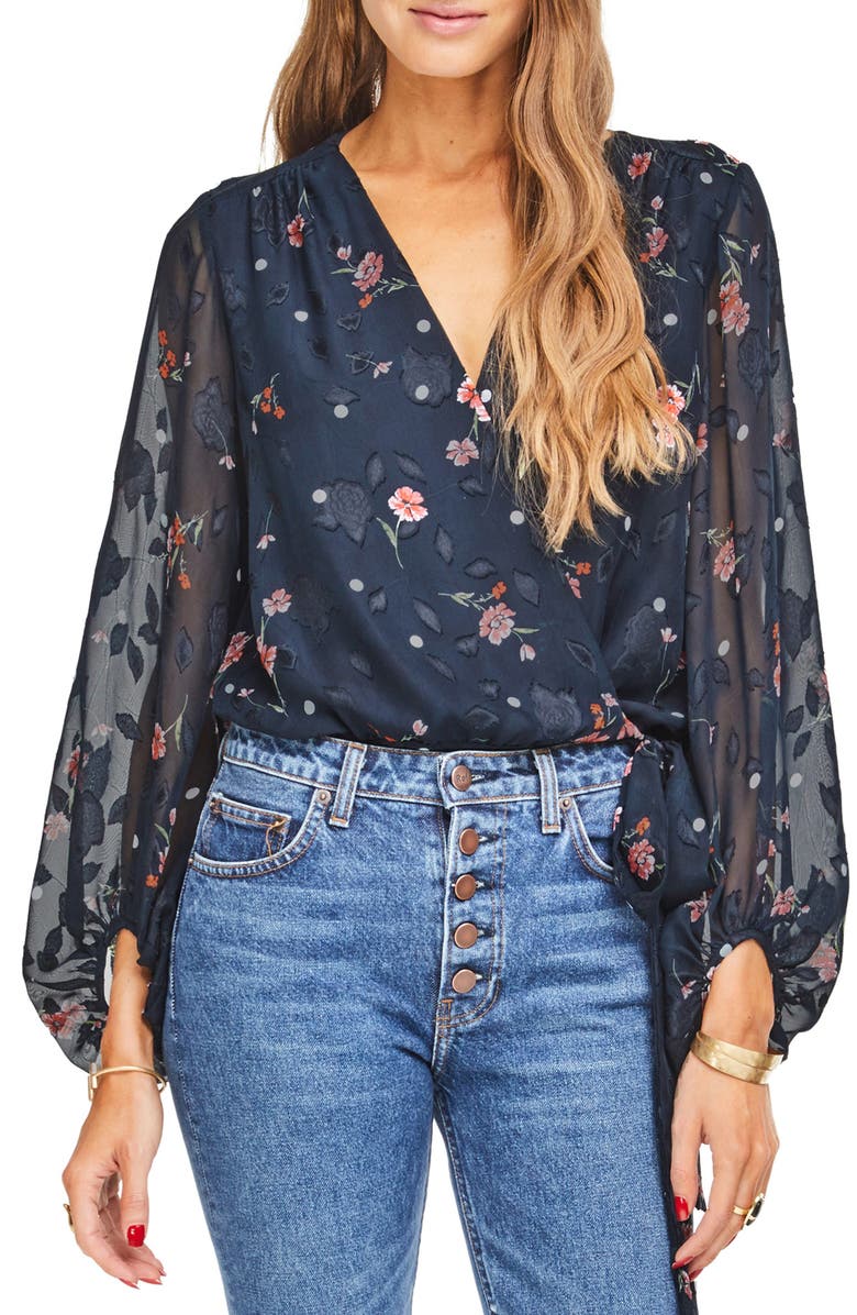 ASTR THE LABEL Jill Tie Front Bodysuit, Main, color, NAVY FLORAL DOT