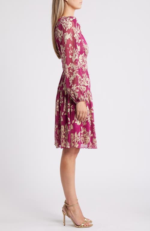 Shop Vince Camuto Metallic Floral Long Sleeve Fit & Flare Dress In Magenta