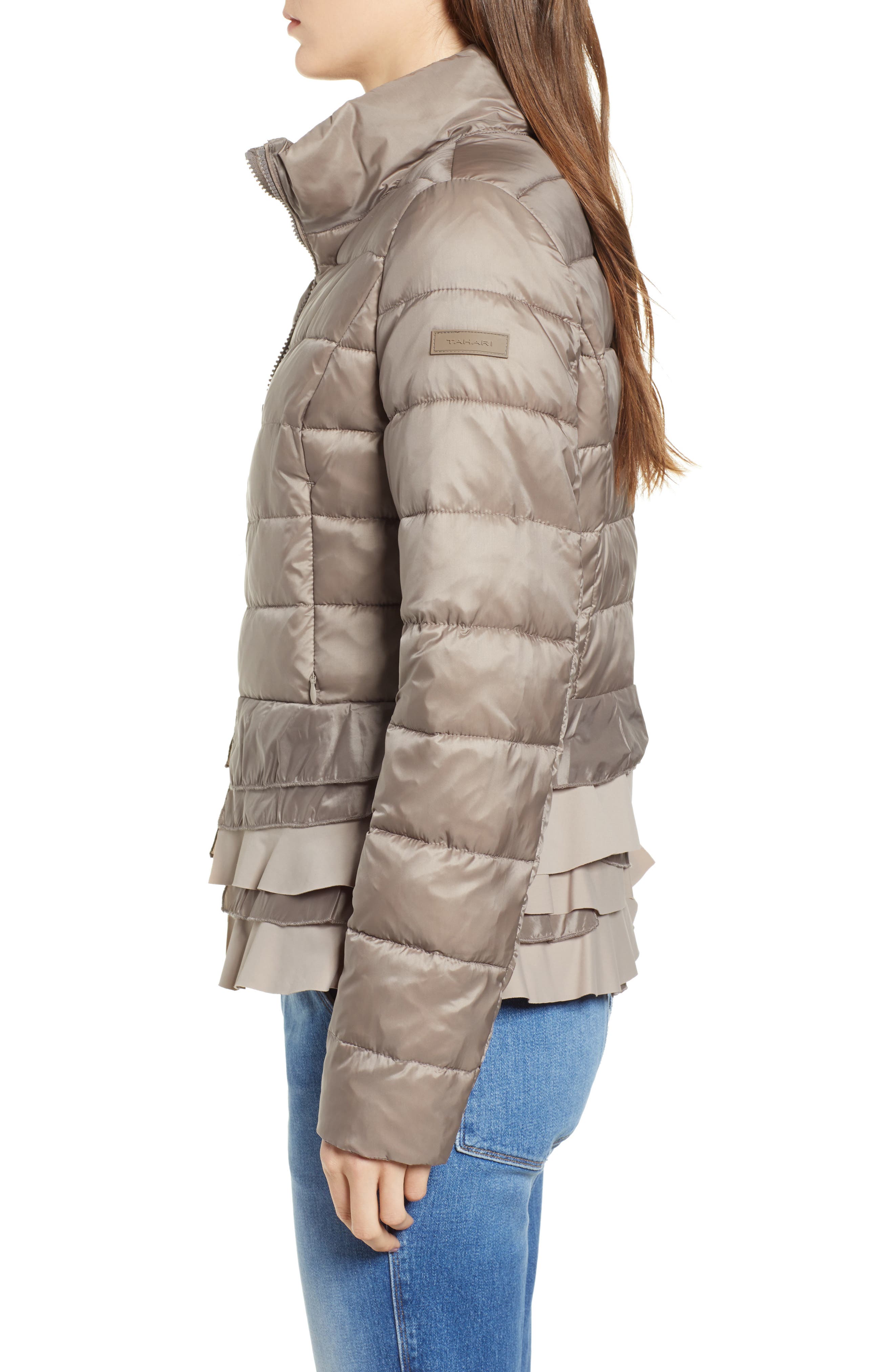 tahari zoey ruffle hem coat