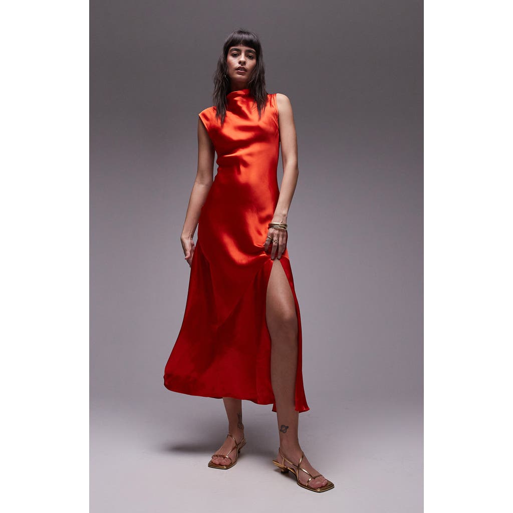 Shop Topshop Cowl Neck Satin Midi Dress In Red