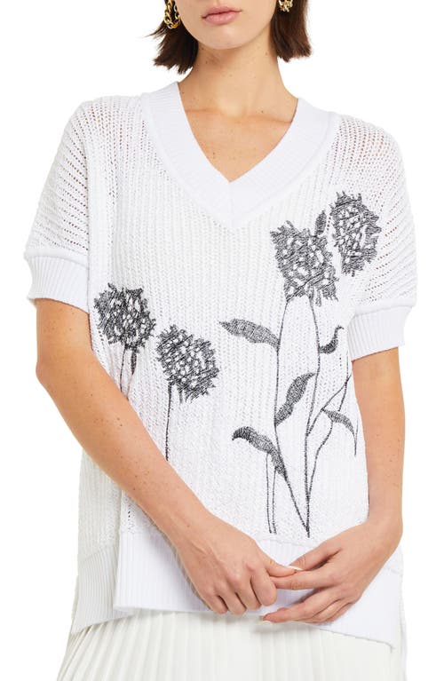 Misook Floral Embroidered Short Sleeve Tunic Sweater Black/White at Nordstrom,