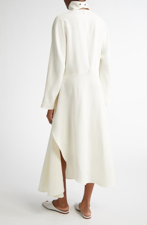 Shop Alaïa Fluid Long Sleeve Silk & Wool Cady Asymmetric Dress In Blanc