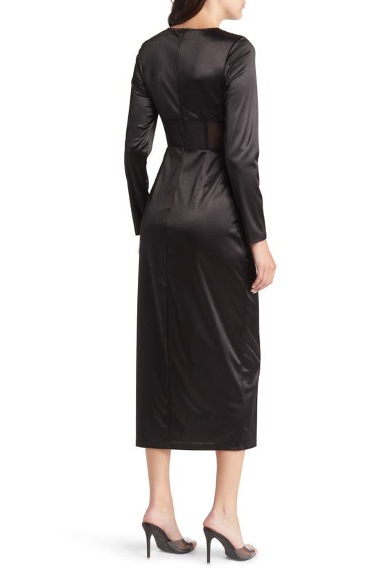 Shop Area Stars Illusion Waist Long Sleeve Satin Midi Dress In Black