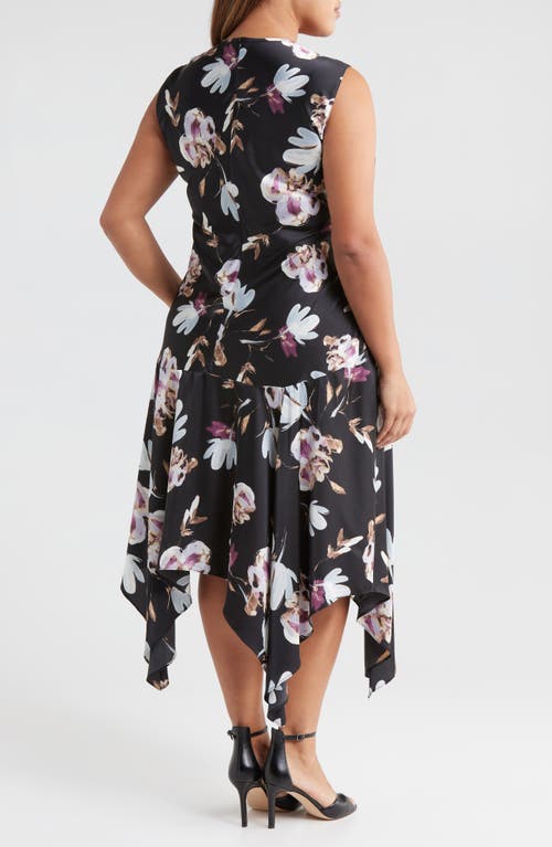Melloday Ruched Handkerchief Satin Midi Dress In Black Floral Multi Floral