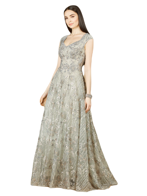 Lara New York Cap Sleeve V-neck Lace A-line Gown In Slate