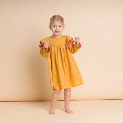 Beet World Toddler Flutter Sleeves Dress With Lace Trim | Provence Meadow In Mustard