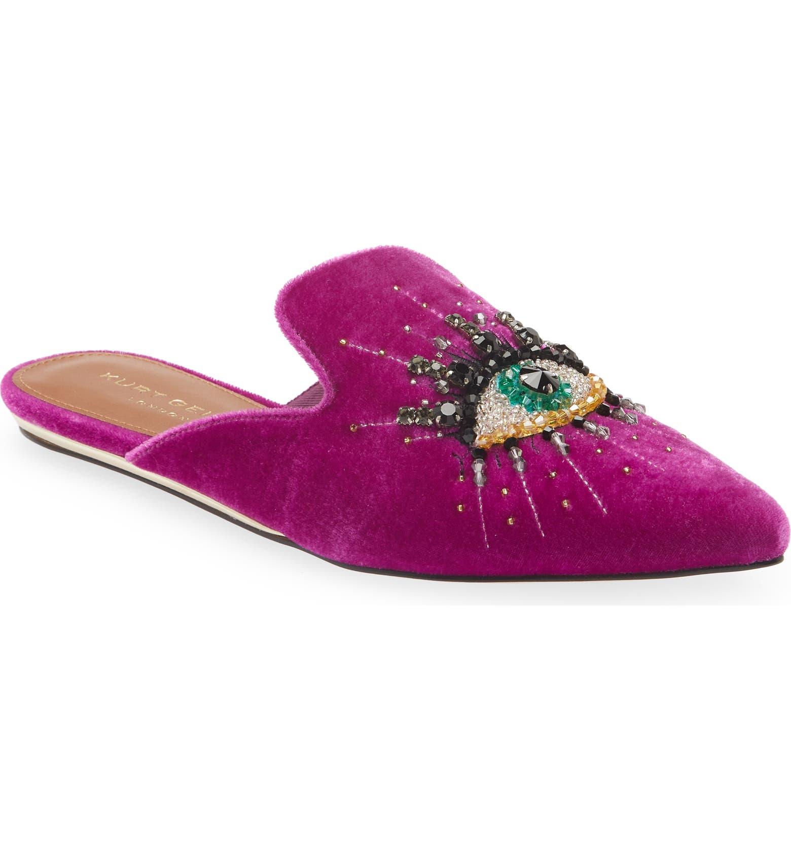 Purple slip on mules with evil eye