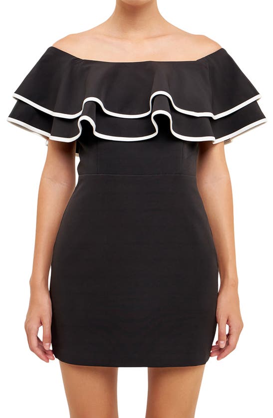 Endless Rose Off The Shoulder Ruffle Minidress In Black/ White