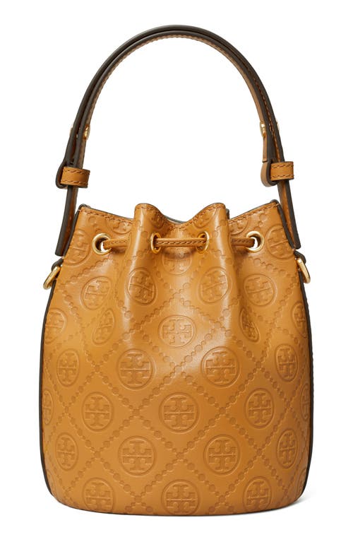 Shop Tory Burch Mini T Monogram Debossed Bucket Bag In Tan