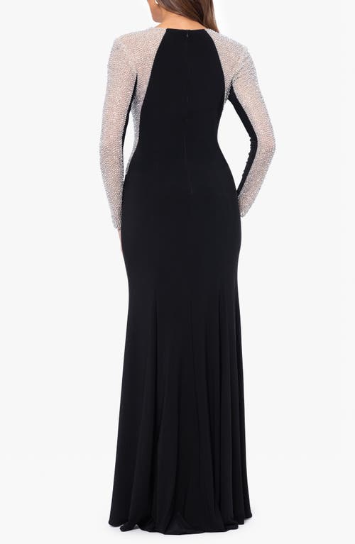 Shop Xscape Evenings Rhinestone Detail Long Sleeve Gown In Black/nude/silver