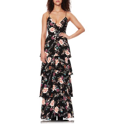 Afrm Berlin Floral Tiered Crepe Maxi Dress, Black