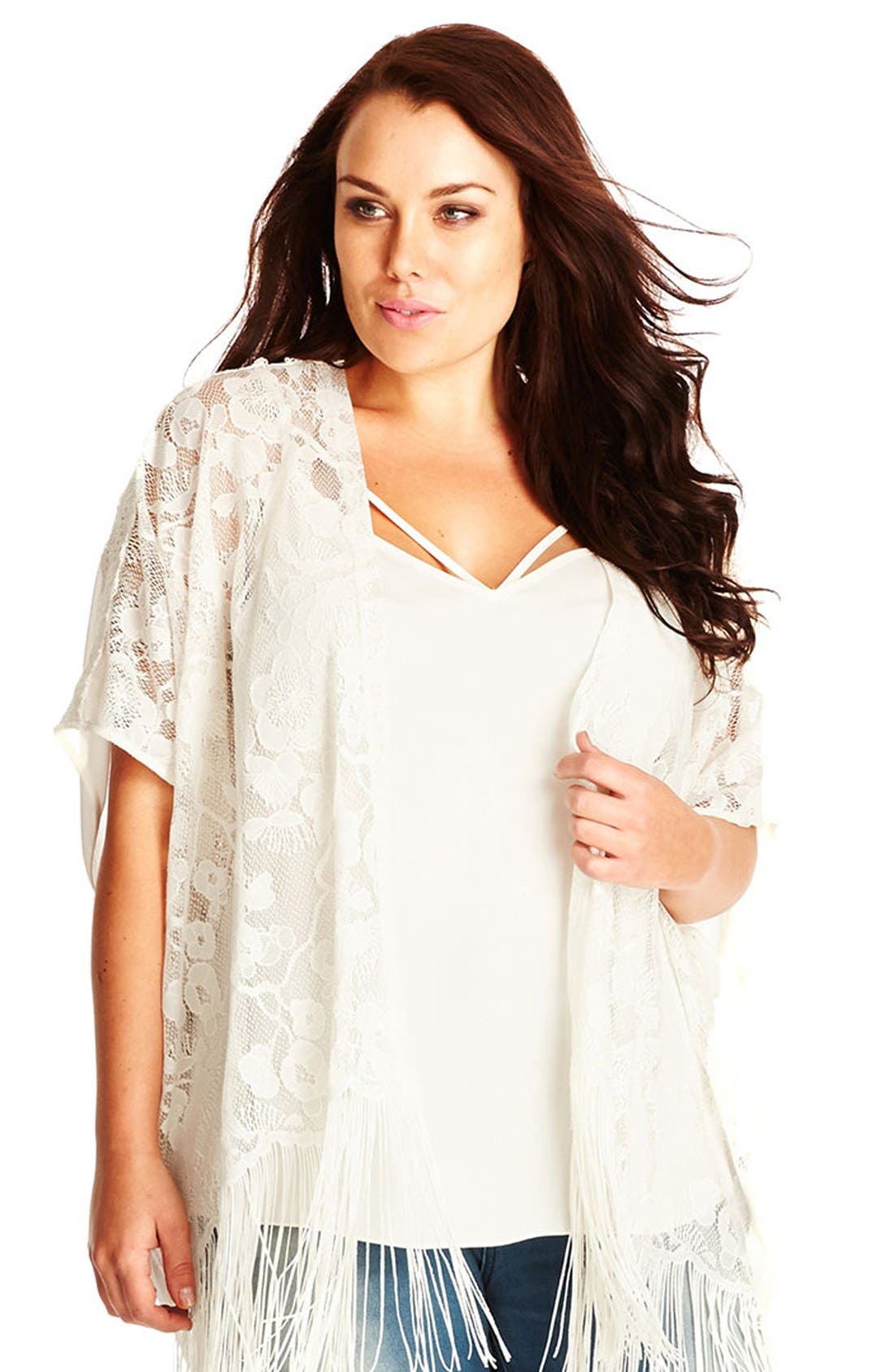 City Chic Crochet Fringe Kimono (Plus Size) Nordstrom