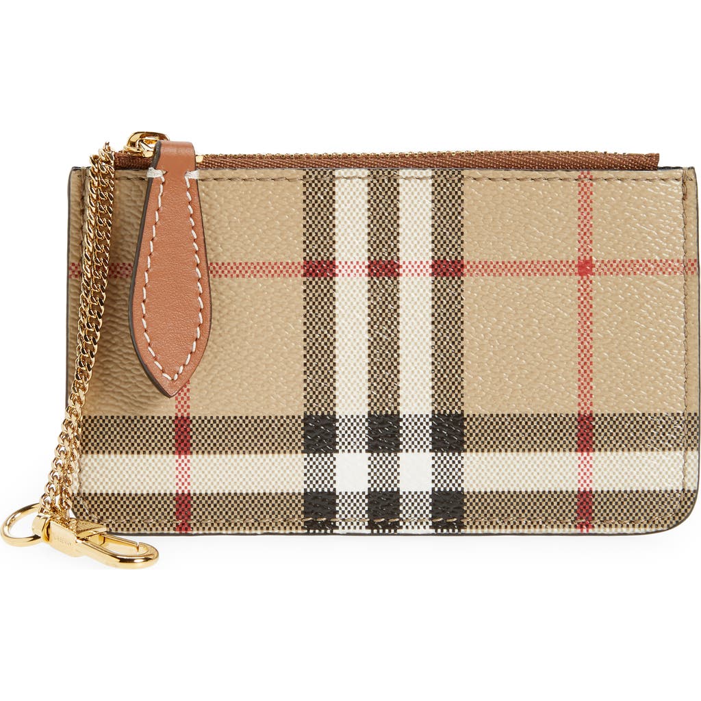 Burberry Kelbrook Check Canvas & Leather Card Case With Key Ring In Archive Beige/briar Brown