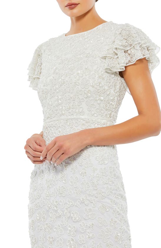 Shop Mac Duggal Beaded Ruffle Sleeve Midi Sheath Cocktail Dress In White